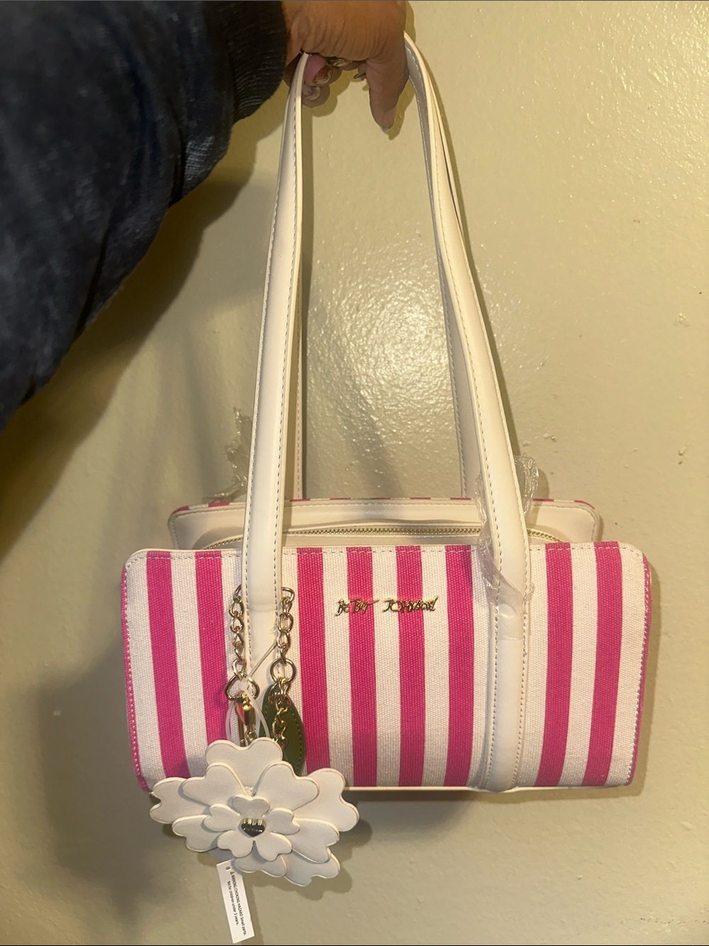 Betsey Johnson Pink and White Striped Shoulder Bag with Floral Charm